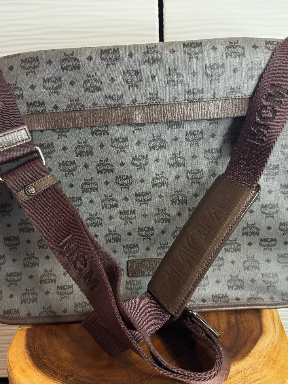 MCM Gray Monogram Laptop Messenger Bag